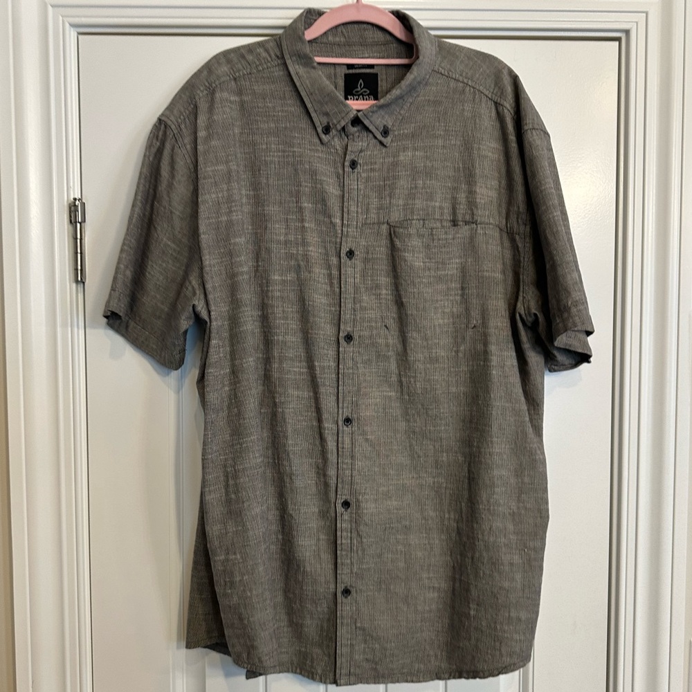 Prana‎ XXL Mens Slim Fit Short Sleeve Button-Up Shirt 100% Organic Cotton Gray
